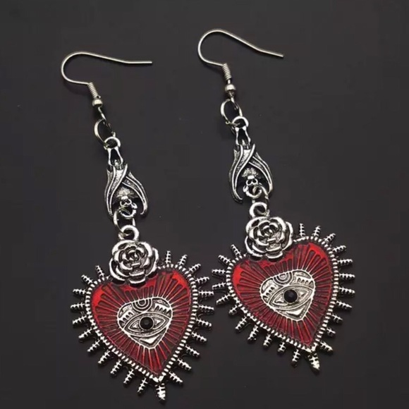 Jewelry - Silver titanium evil eye rose red goth punk heart drop earrings
